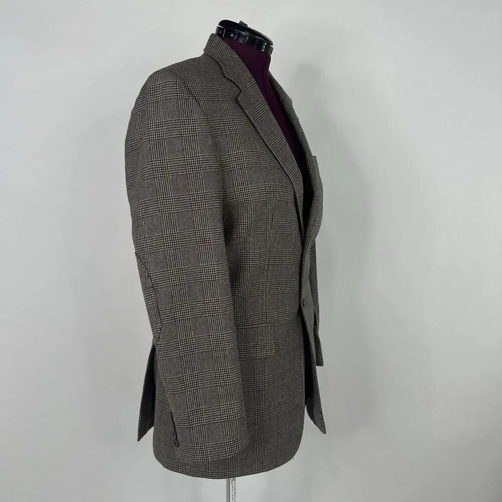 Club Monaco Elbow Patch Equestrian Wool Blazer 40R Brown Plaid Sport coat Jacket